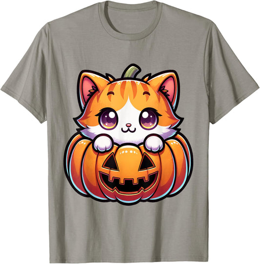Halloween Cat Funny Fall Pumpkin Cat Lover Cute T-Shirt - T-Shirt | Sand