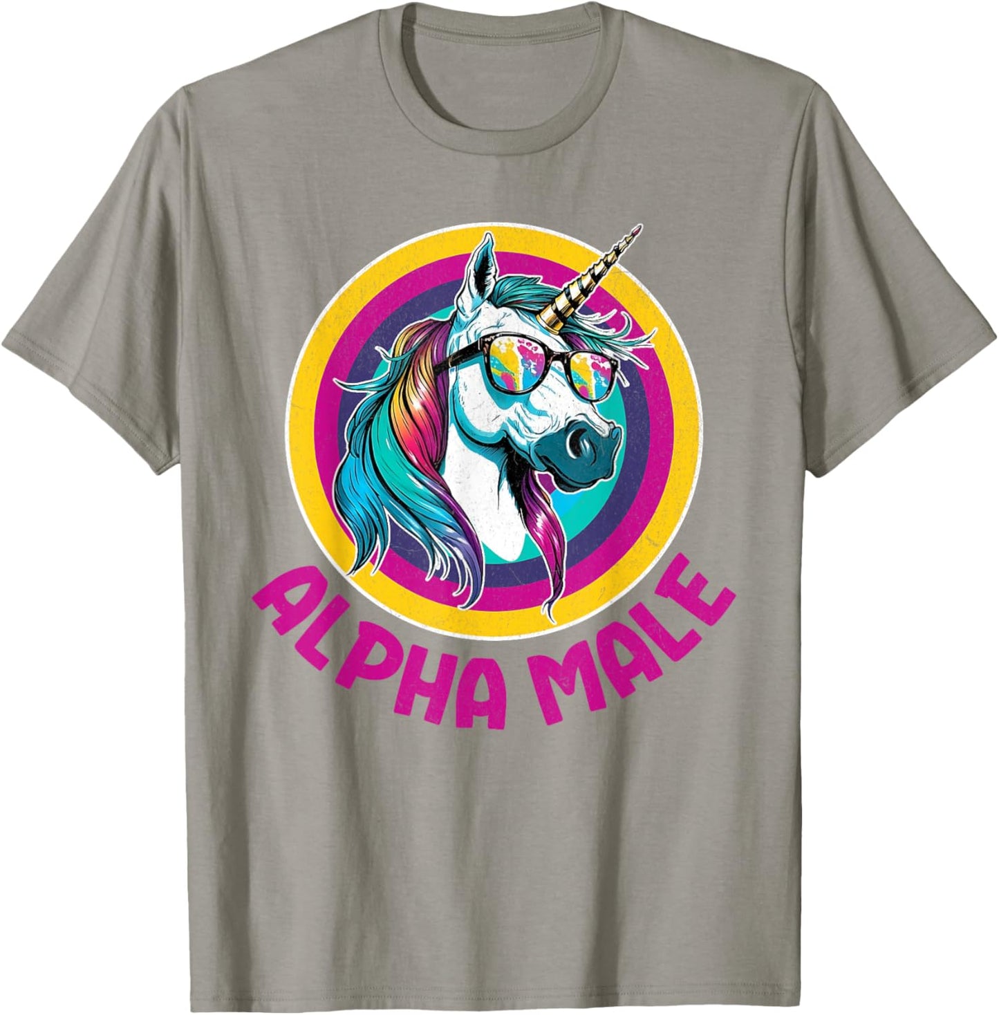 Alpha Male Rainbow Unicorn Funny Ironic Rude Humor Retro T-Shirt - T-Shirt | Sand
