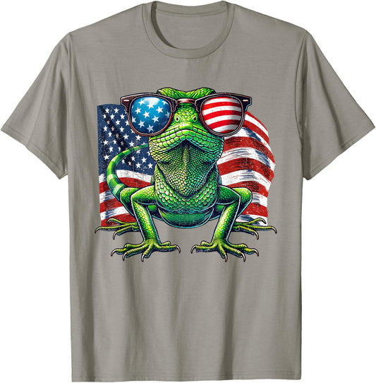 Vintage Green Anole Lovers Patriotic America Flag Sunglasses T-Shirt - T-Shirt | Sand