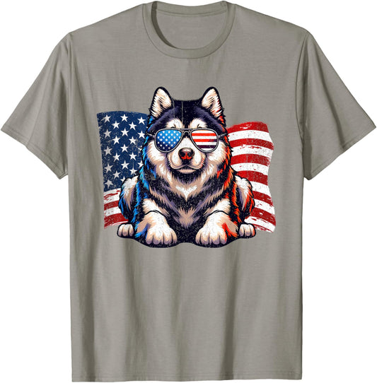Vintage Alaskan Malamute American Flag Sunglasses Patriotic T-Shirt - T-Shirt | Sand