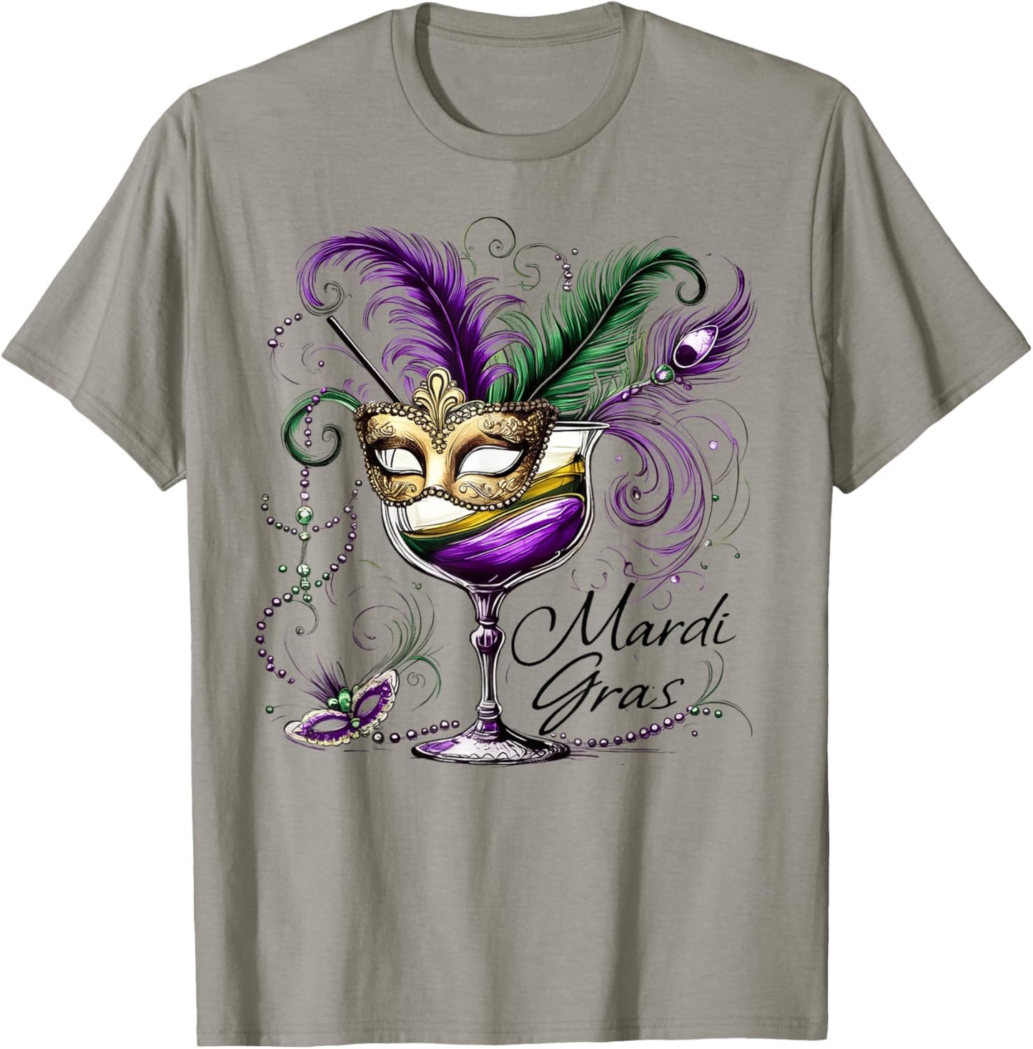 Mardi Gras Glass Of Wine Drinking Team Masked Wine Festival T-Shirt - T-Shirt | Sand