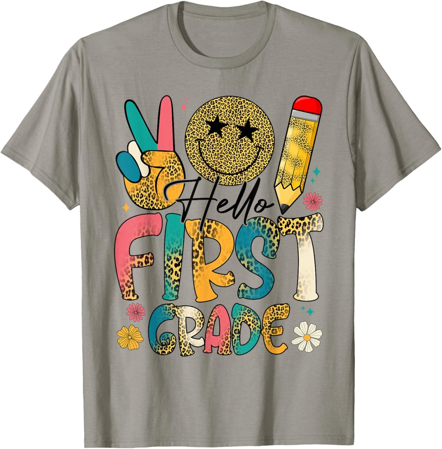 Retro Hello First Grade Tie Dye Leopard Back To School Kids T-Shirt - T-Shirt | Sand