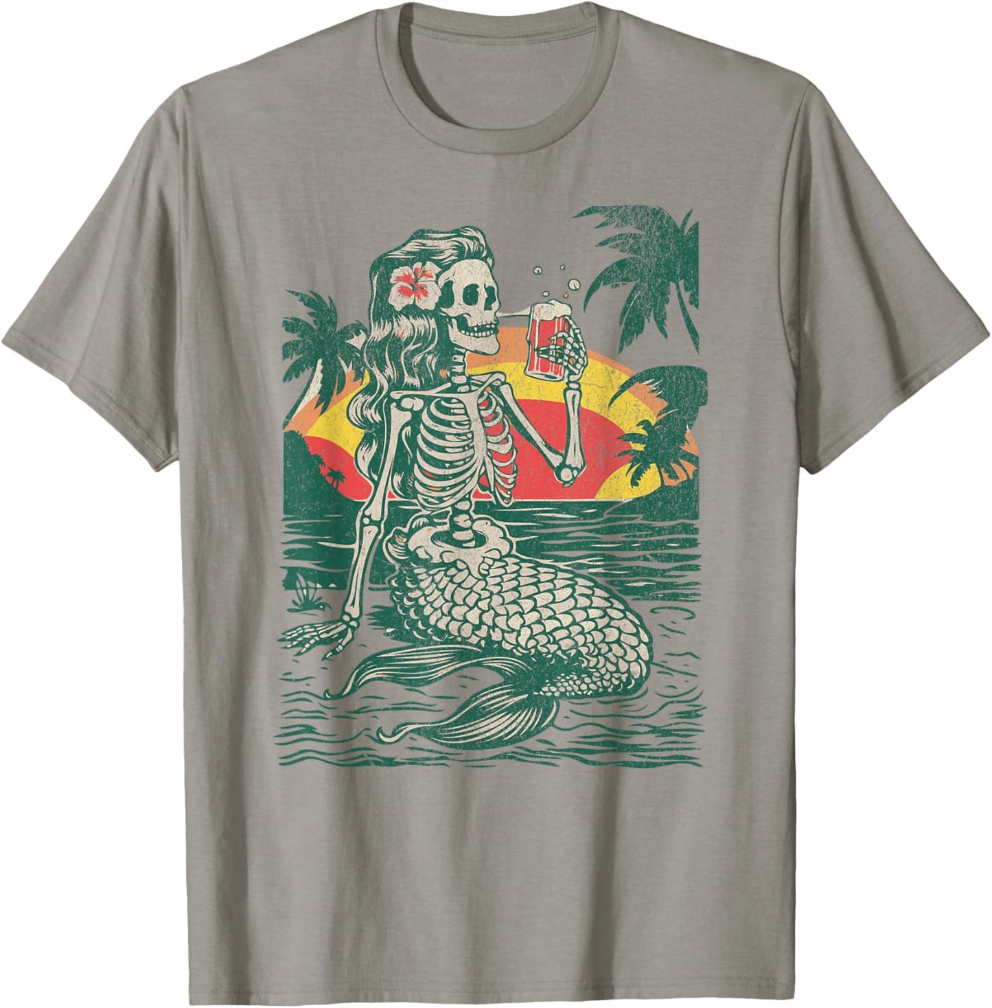 Skeleton Mermaid Drinking at Sunset Retro T-Shirt - T-Shirt | Sand