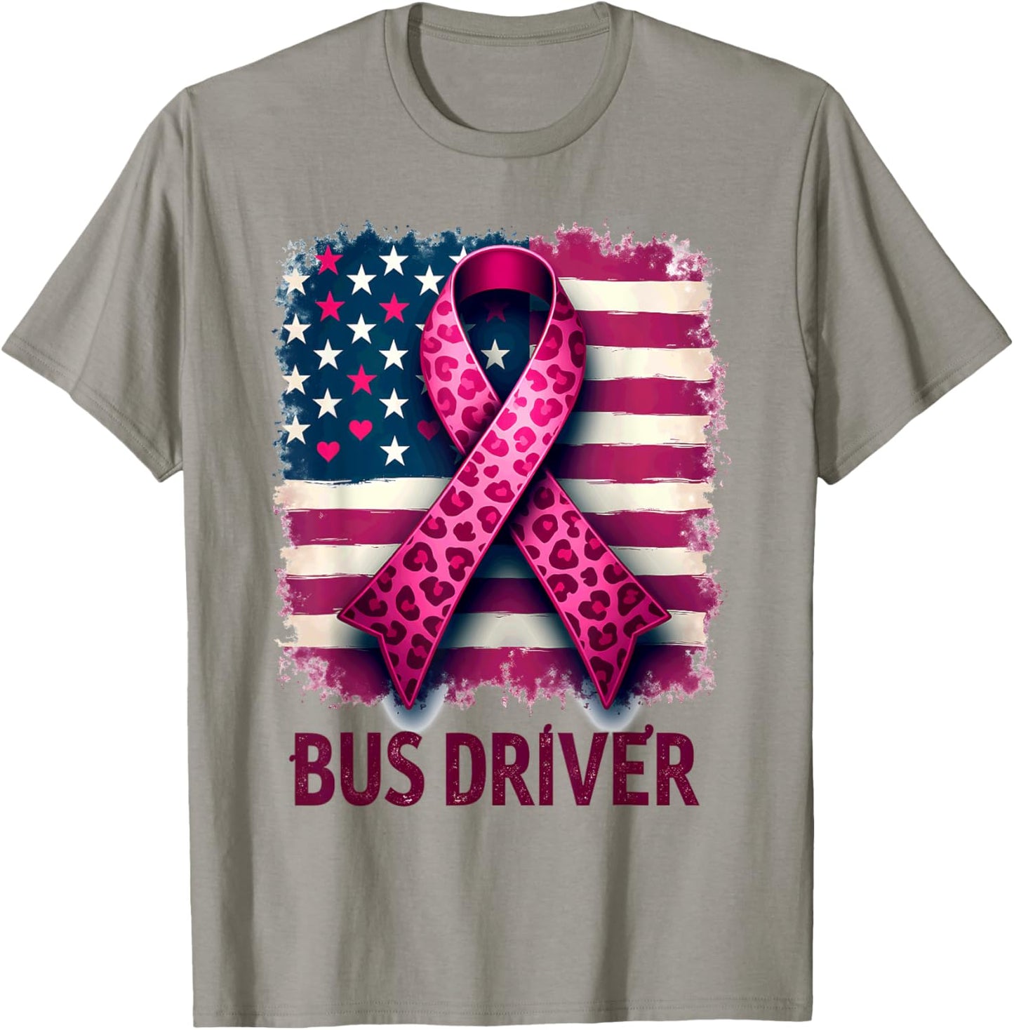 Bus Driver US Flag Pink Ribbon Breast Cancer Awareness T-Shirt - T-Shirt | Sand