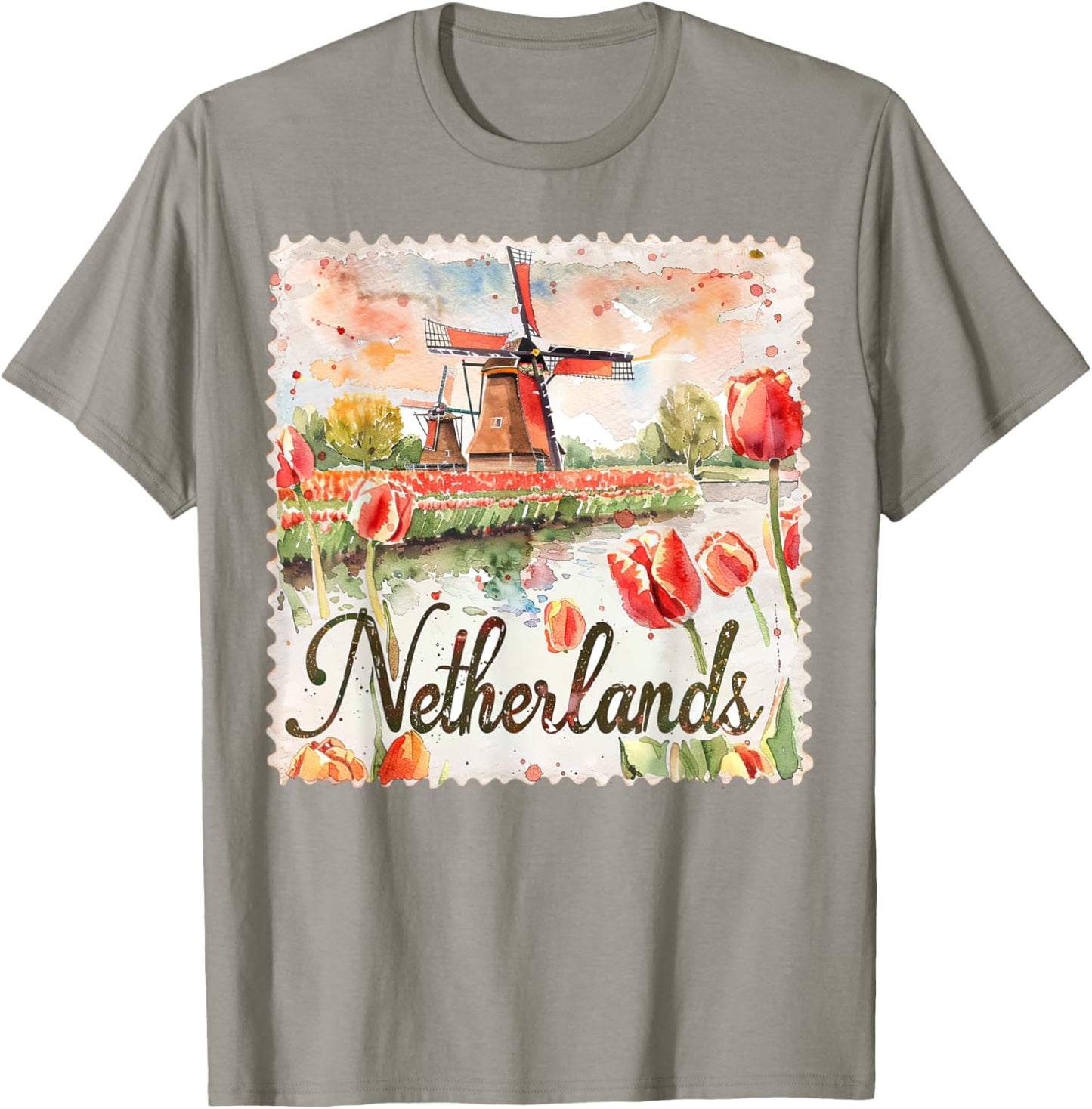 Netherlands Watercolor Windmill Tulips Travel Souvenir T-Shirt - T-Shirt | Sand