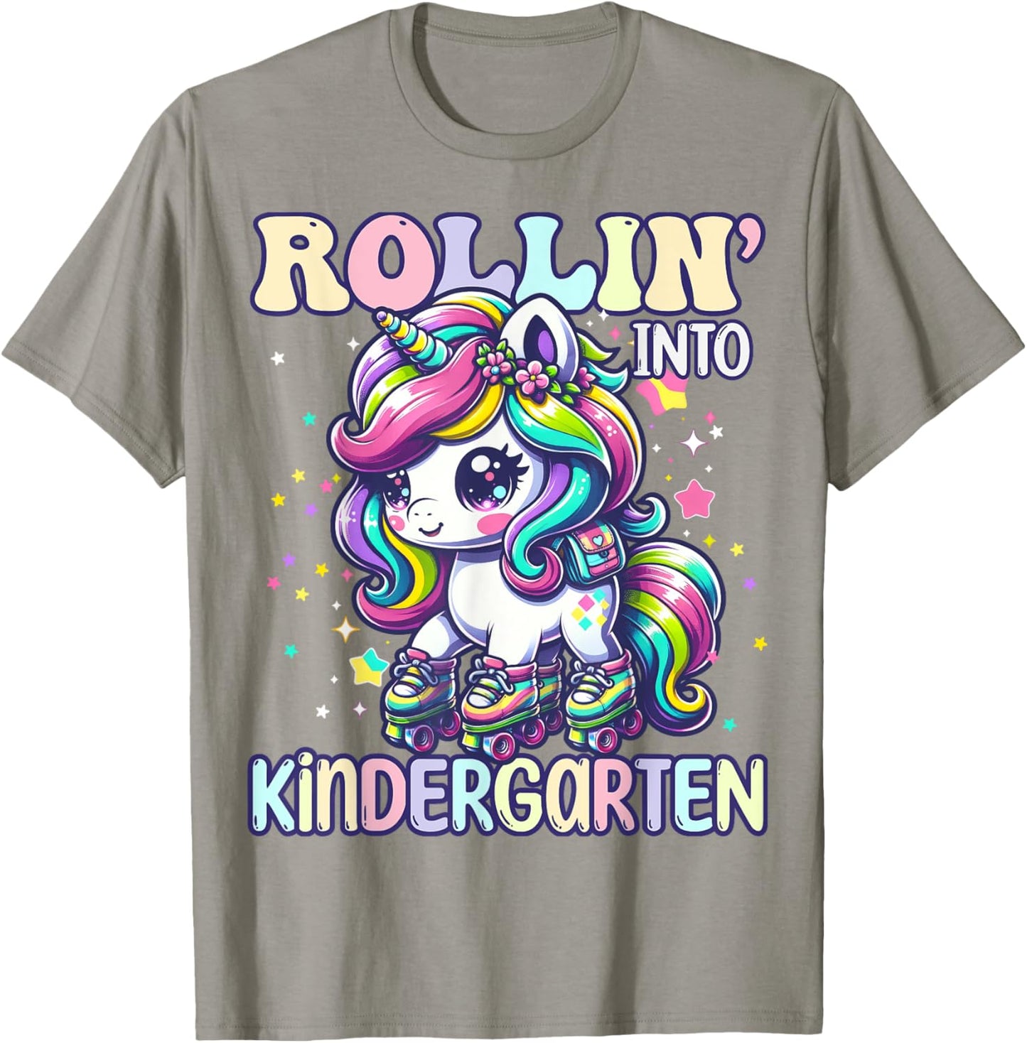 Kindergarten Back To School First Day Girls Rollin Unicorn T-Shirt - T-Shirt | Sand