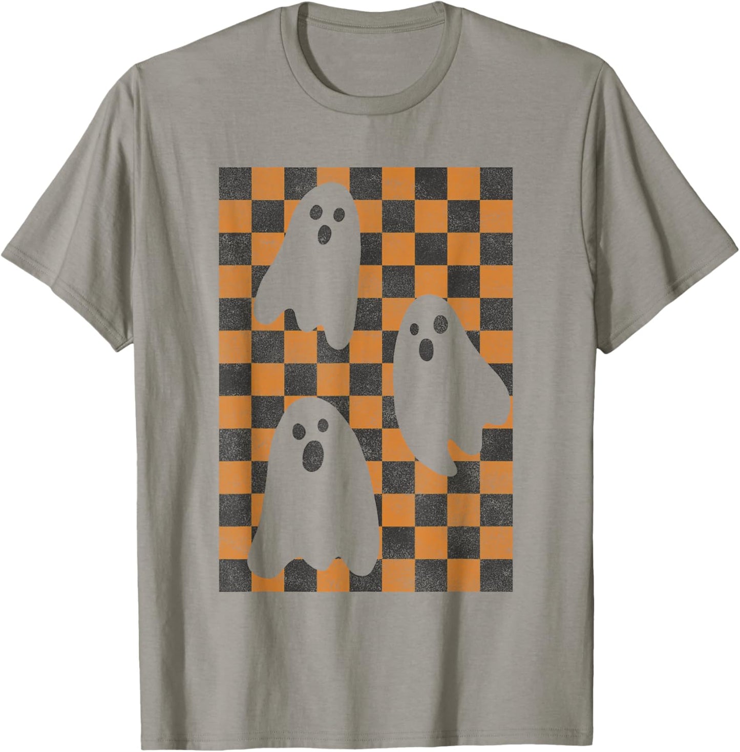 Halloween Ghosts Spooky Season Checker Board Distressed T-Shirt - T-Shirt | Sand