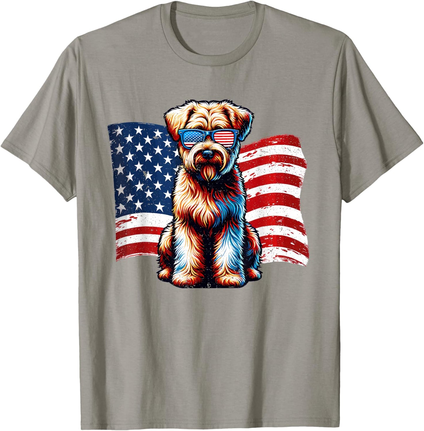 Soft coated Wheaten Terrier USA Flag Sunglasses Patriotic T-Shirt - T-Shirt | Sand