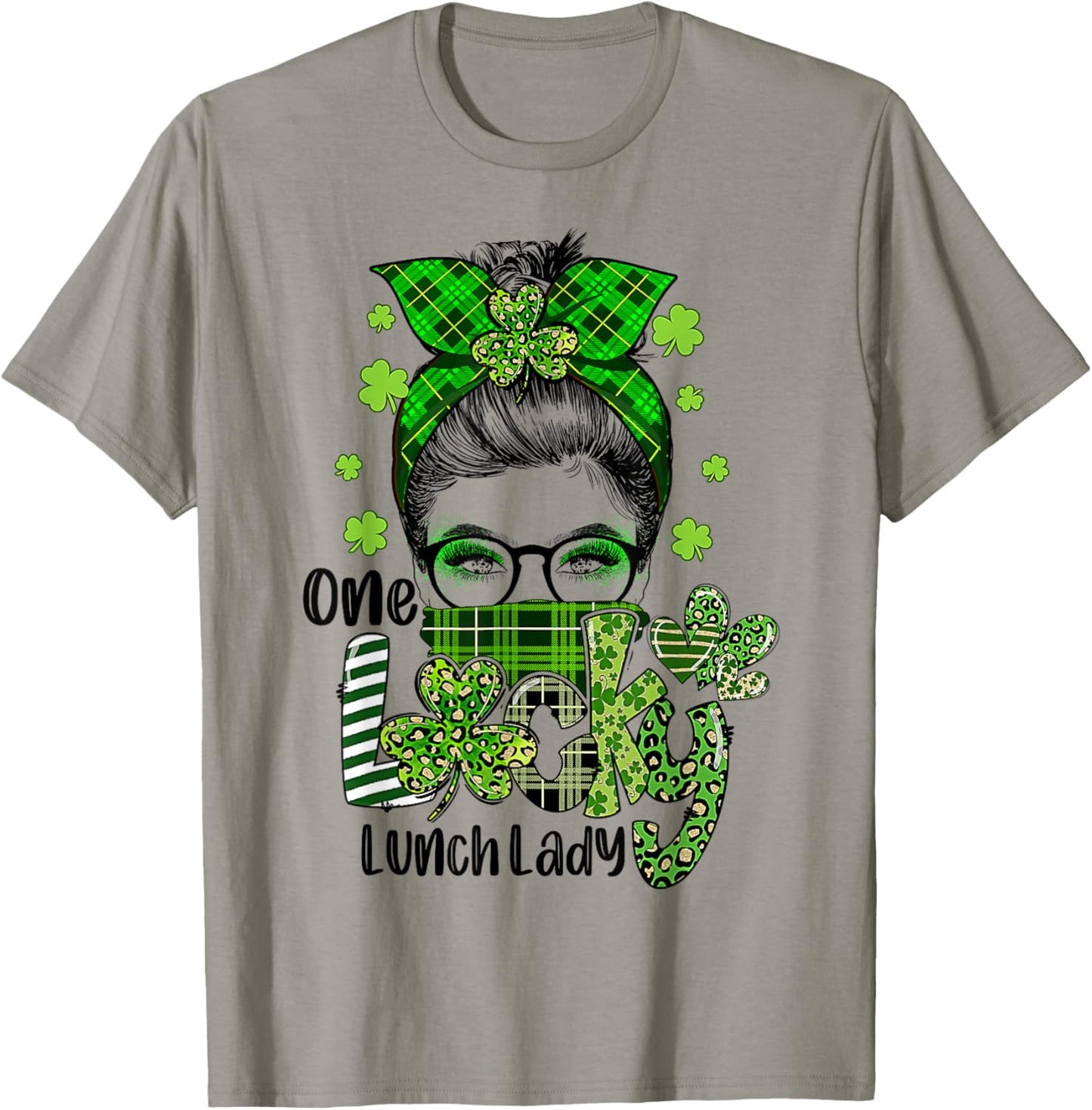 Shamrock One Lucky Lunch Lady Messy Bun Funny St Patrick Day T-Shirt - T-Shirt | Sand