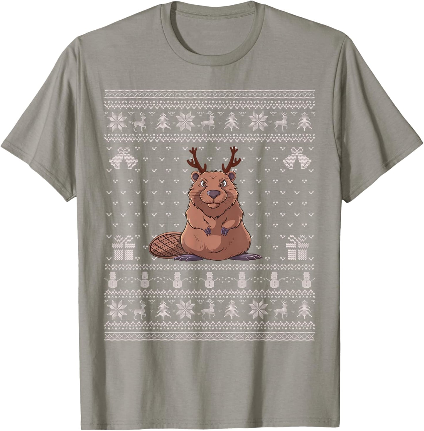 Ugly Xmas Sweater Style Beaver Reindeer Christmas T-Shirt - T-Shirt | Sand
