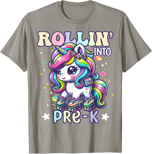 Pre-K Back To School First Day Girl Preschool Rollin Unicorn T-Shirt - T-Shirt | Sand