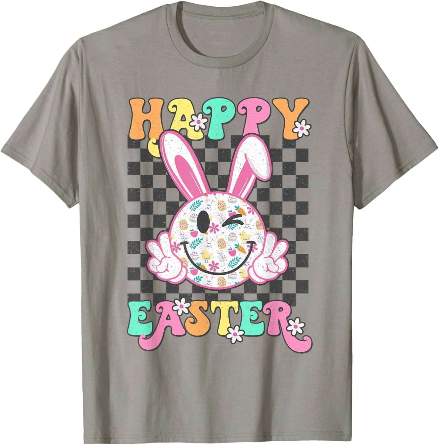 Retro Groovy Happy Easter Bunny Checkered Smile Girls T-Shirt - T-Shirt | Sand