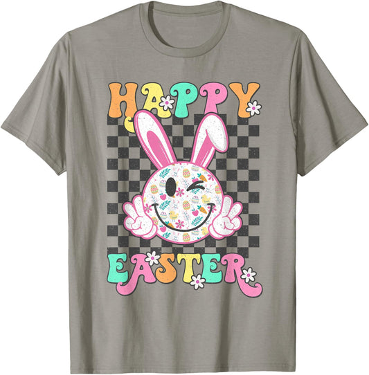 Retro Groovy Happy Easter Bunny Checkered Smile Girls T-Shirt - T-Shirt | Sand