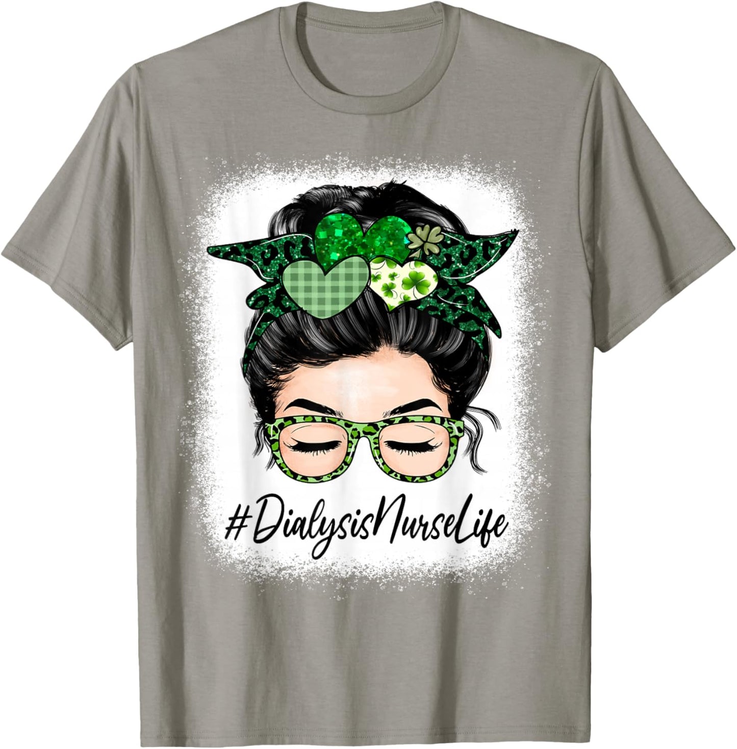 Dialysis Nurse Women Messy Bun St Patrick's Day Shamrock T-Shirt - T-Shirt | Sand