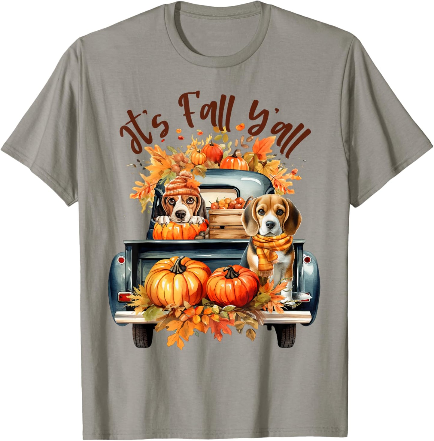 It’s Fall Y’all Beagle Dogs Pumpkins Truck Autumn Season T-Shirt - T-Shirt | Sand