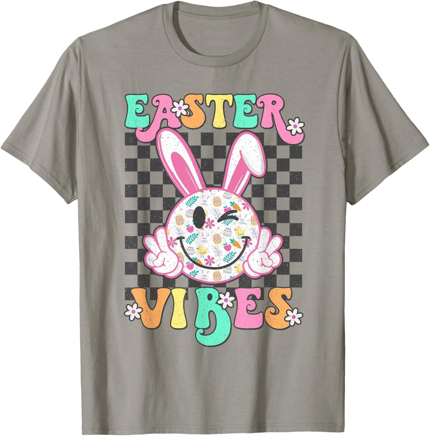 Retro Groovy Easter Vibes Bunny Checkered Smile Girls T-Shirt - T-Shirt | Sand