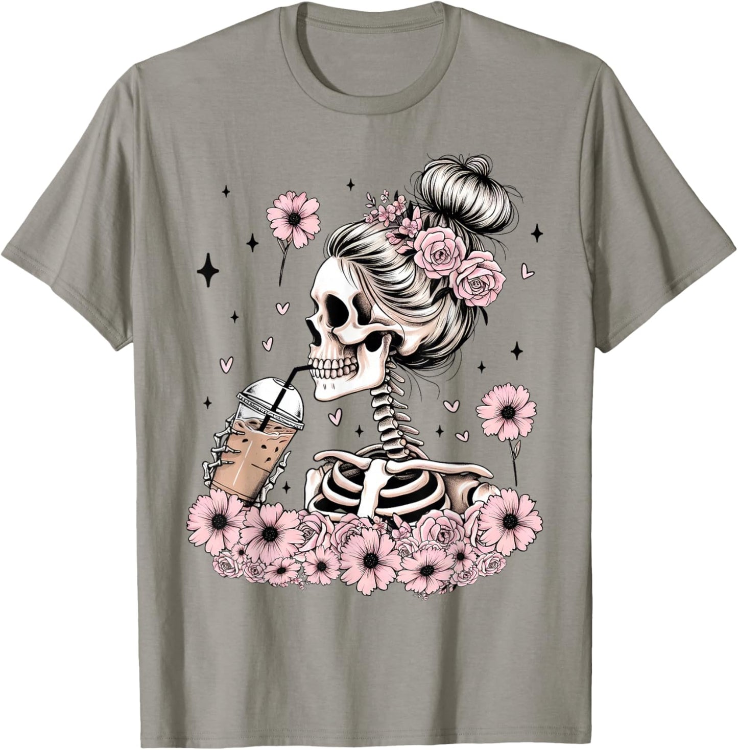 Skeleton Messy Bun Funny Costume Mom Women Halloween T-Shirt - T-Shirt | Sand