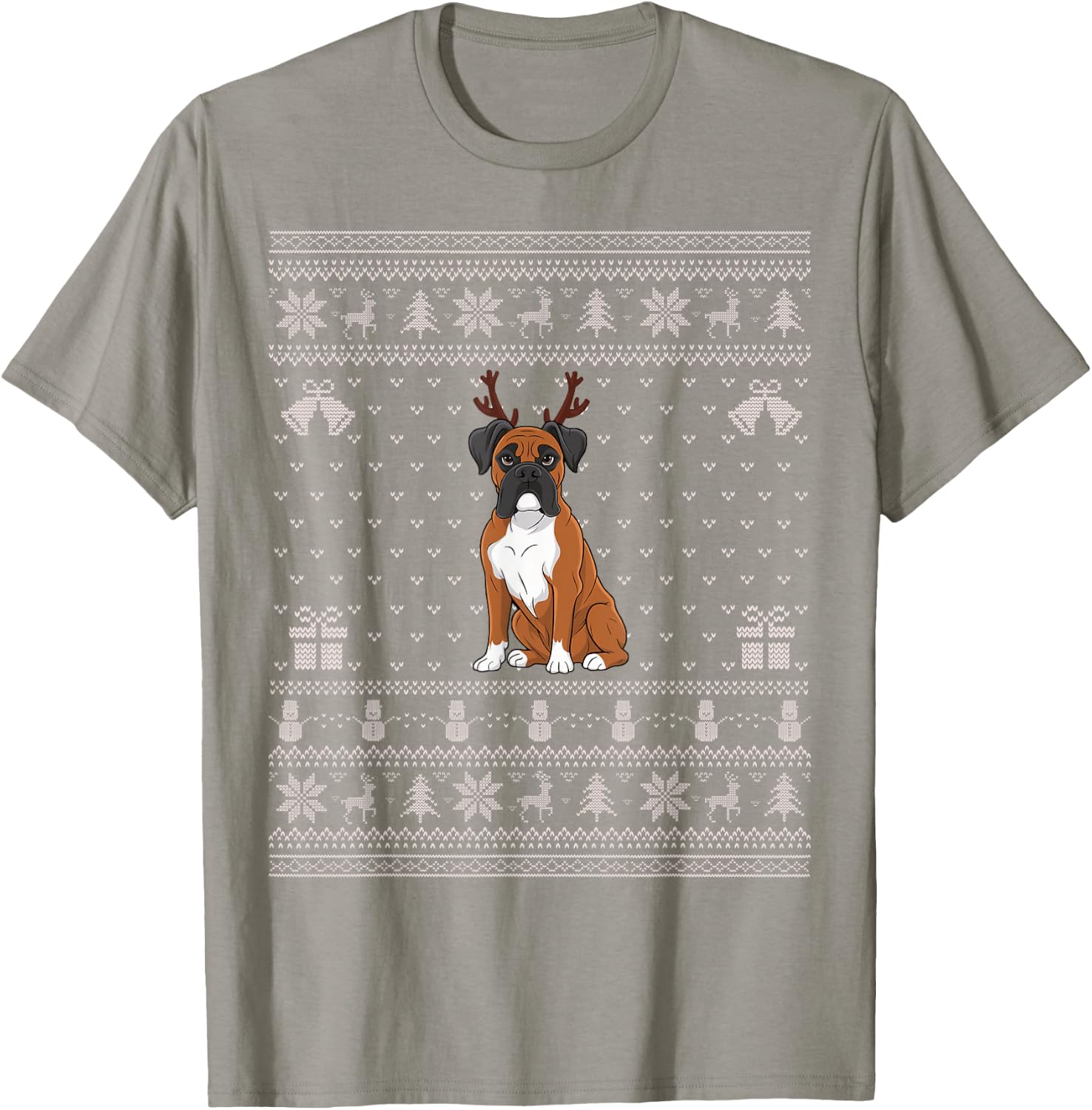 Ugly Xmas Sweater Style Boxer Dog Reindeer Christmas Women Kids T-Shirt - T-Shirt | Sand