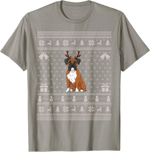 Ugly Xmas Sweater Style Boxer Dog Reindeer Christmas Women Kids T-Shirt - T-Shirt | Sand