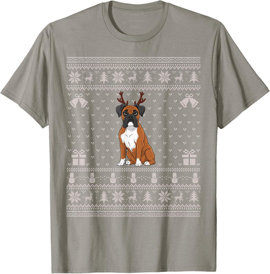 Ugly Xmas Sweater Style Boxer Dog Reindeer Christmas Women Kids T-Shirt - T-Shirt | Sand
