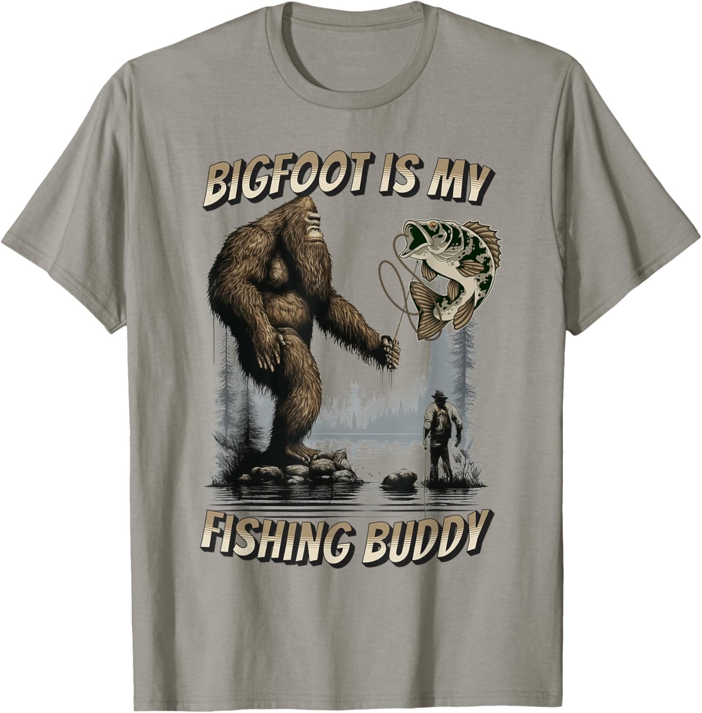Bigfoot Style Bigfoot Fishing Funny Sasquatch Fish - -Adults, Kids - Blue - Short Sleeve - Small - Classic Fit - Cotton 100% T-Shirt - T-Shirt | Sand