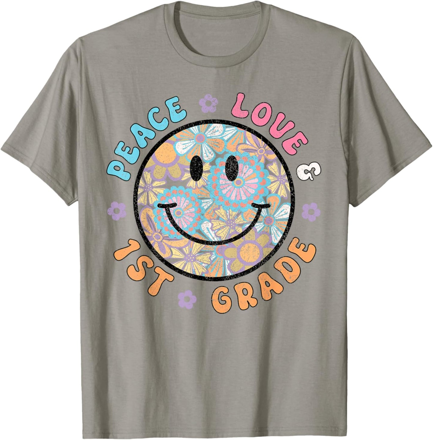 Groovy Peace Love FIRST GRADE Retro Teachers Back to School T-Shirt - T-Shirt | Sand