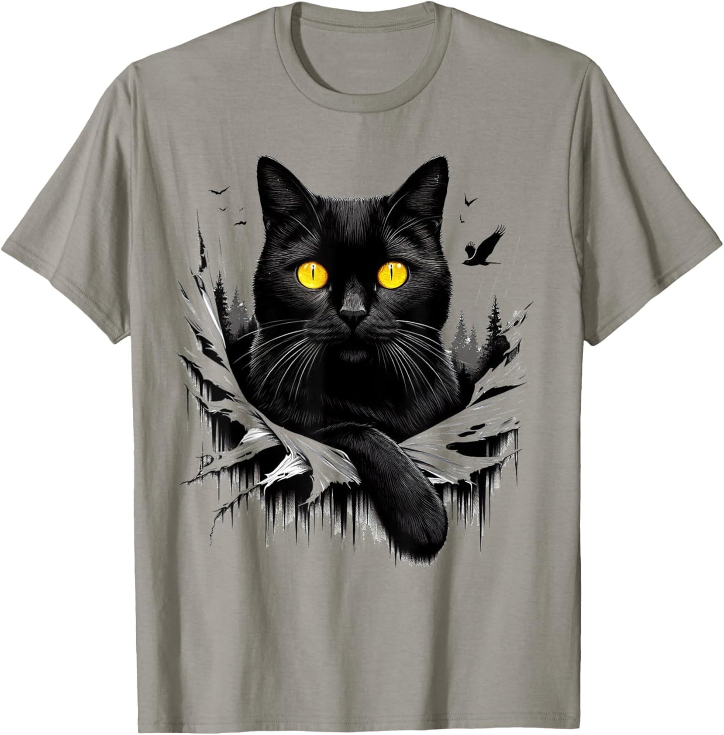 Black Cat Torn Cloth - Black Cat Yellow Eyes T-Shirt - T-Shirt | Sand