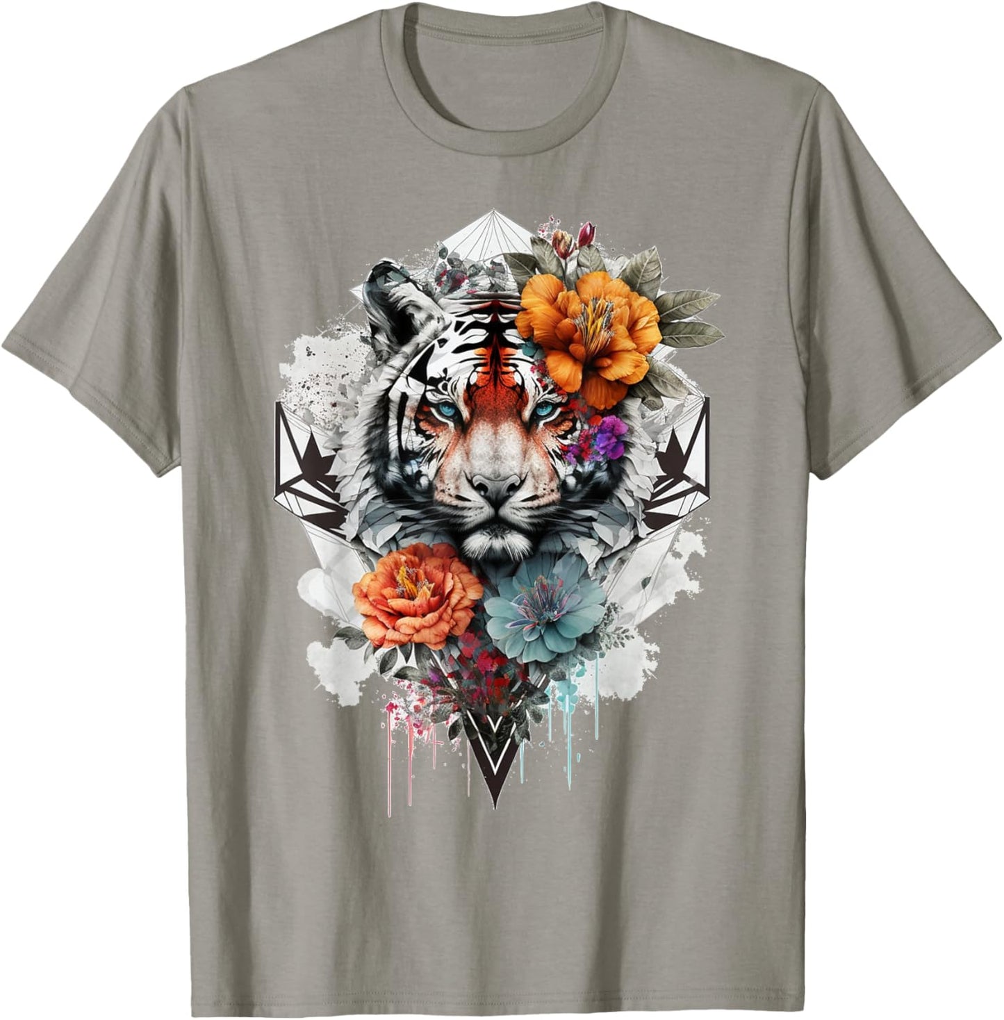 Tiger Flowers Blue Eyes Animal Print Art Tiger T-Shirt - T-Shirt | Sand