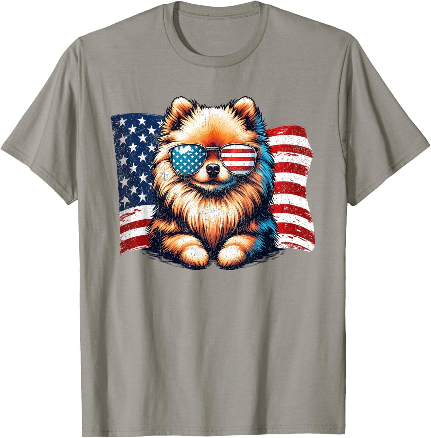 Vintage Pomeranian Dogs American Flag Sunglasses Patriotic T-Shirt - T-Shirt | Sand