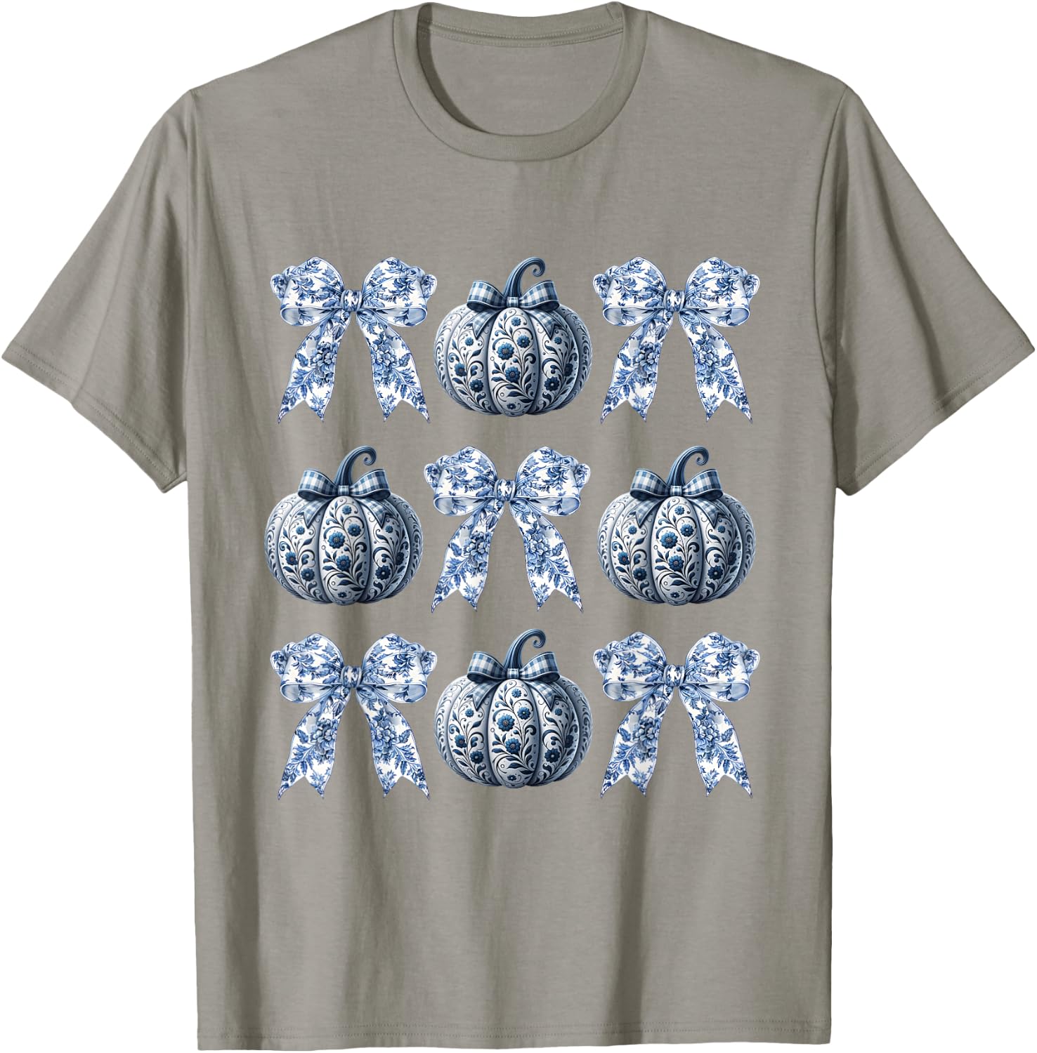 Blue and White Pumpkins Chinoiserie With Bow Fall Halloween T-Shirt - T-Shirt | Sand