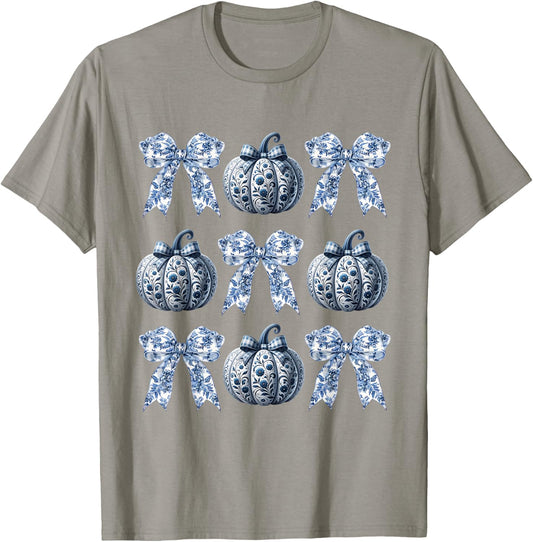 Blue and White Pumpkins Chinoiserie With Bow Fall Halloween T-Shirt - T-Shirt | Sand