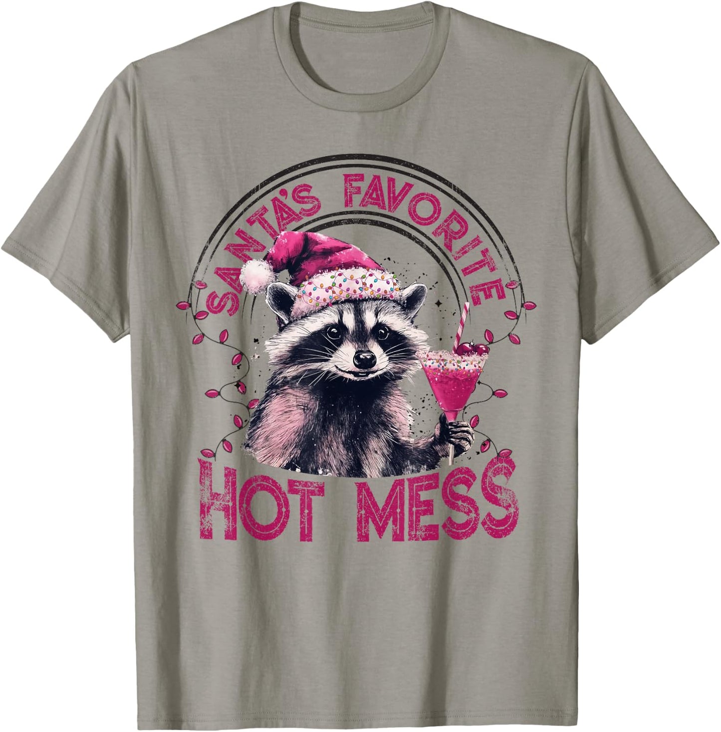 Santa's Favorite Hot Mess Christmas Funny Raccoon Lover Xmas T-Shirt - T-Shirt | Sand