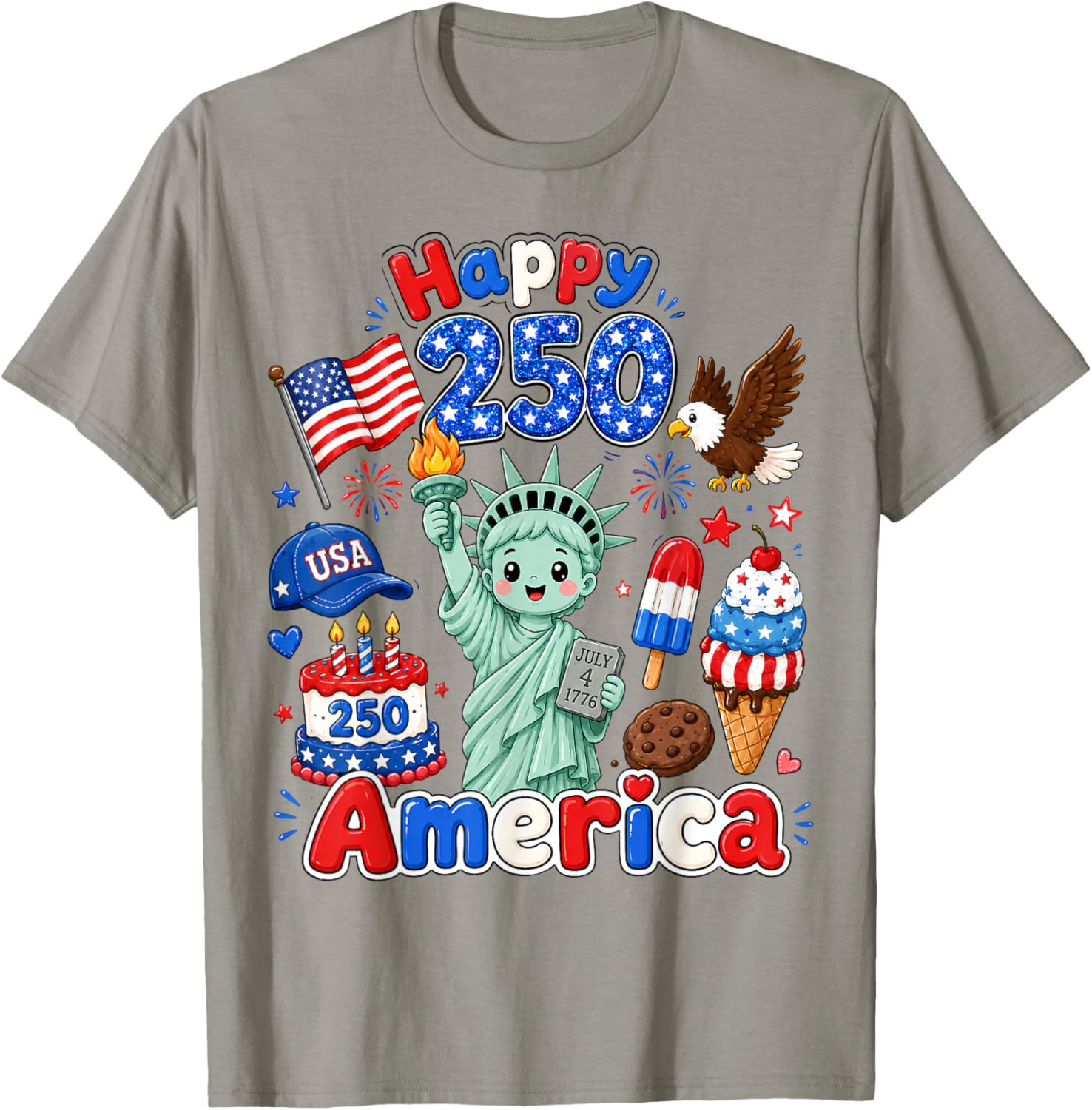 Boy Kids 4th of July Happy 250 America 1776-2026 Patriotic T-Shirt - T-Shirt | Sand