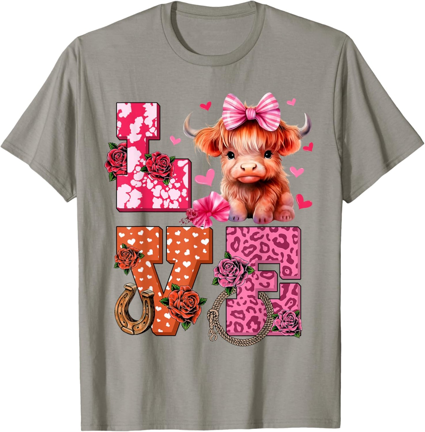 Cute Highland Cow And Pink Heart Valentines Day Love Leopard T-Shirt - T-Shirt | Sand