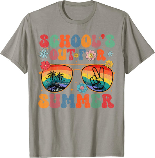 Last Day Of School Groovy School's Out For Summer Teacher T-Shirt - T-Shirt | Sand