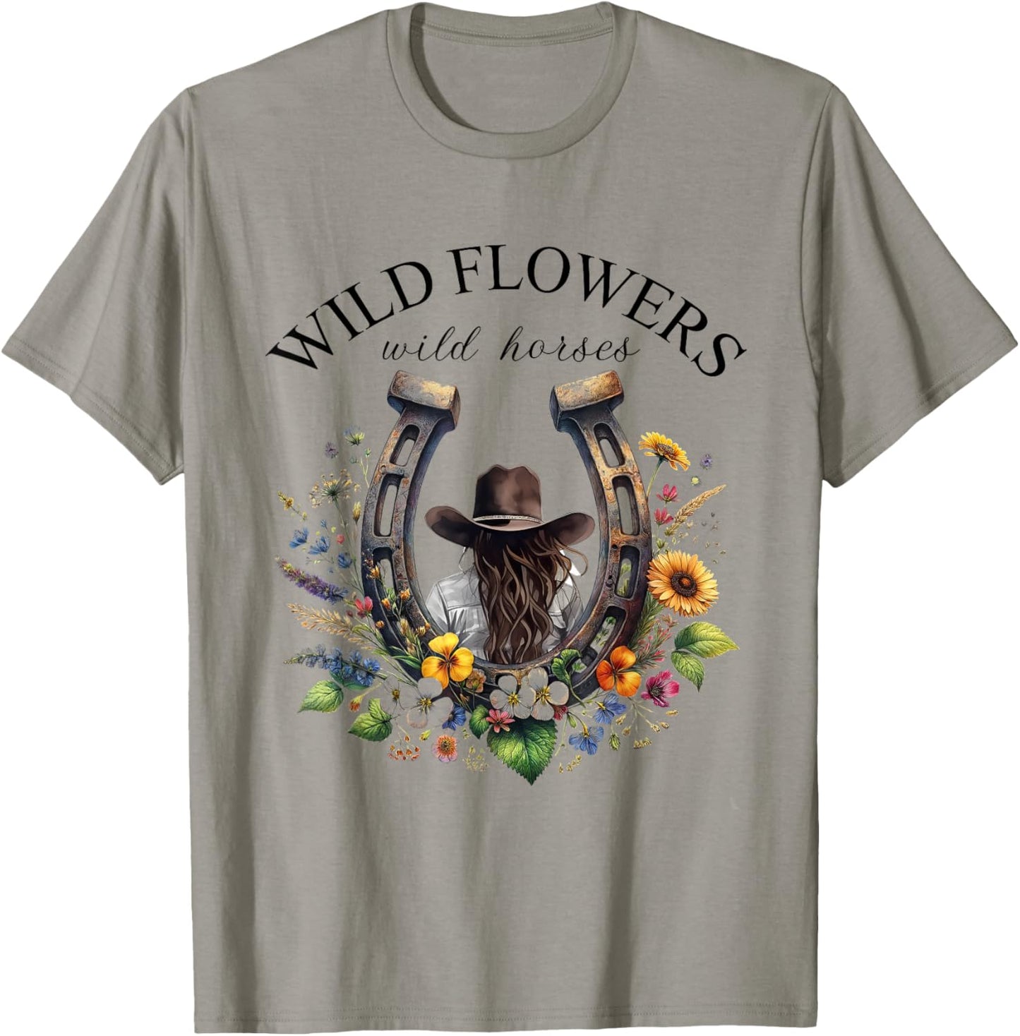 Retro Southern Sunset Cowgirl Wild Flowers - Wild Horses T-Shirt - T-Shirt | Sand