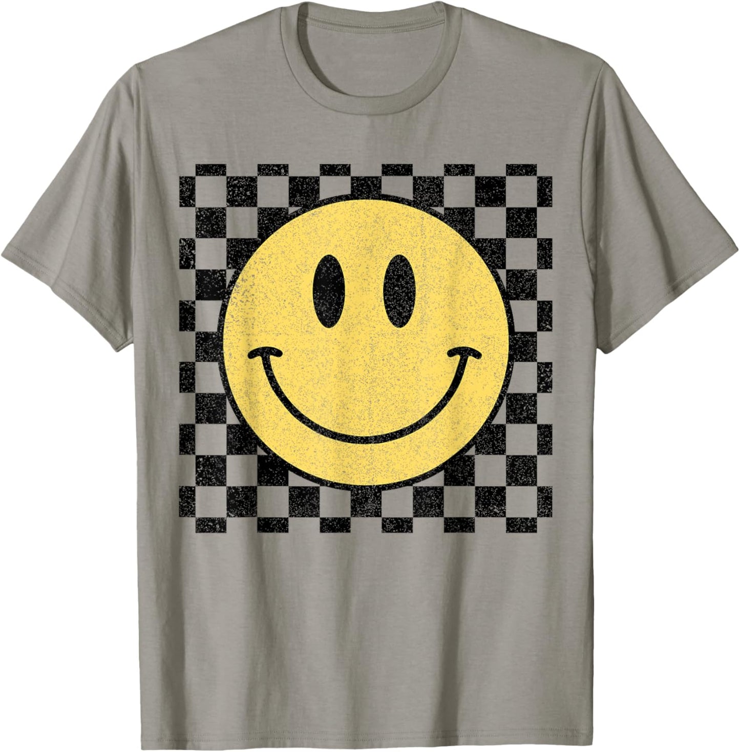 Retro Happy Face Distressed Checkered Pattern Smile Face T-Shirt - T-Shirt | Sand