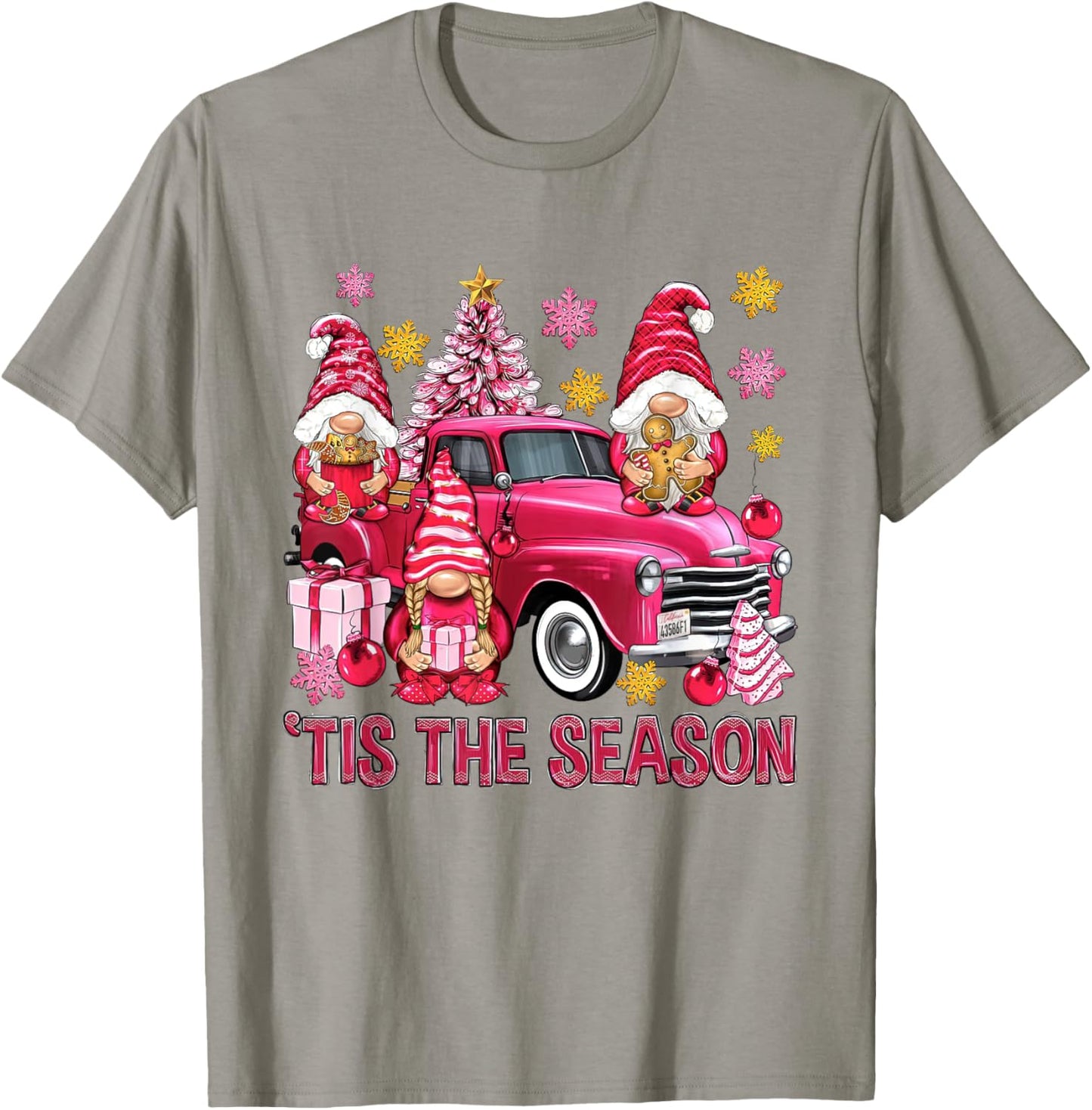 Tis The Season Pink Christmas Gnomes Pink Truck Xmas Holiday T-Shirt - T-Shirt | Sand