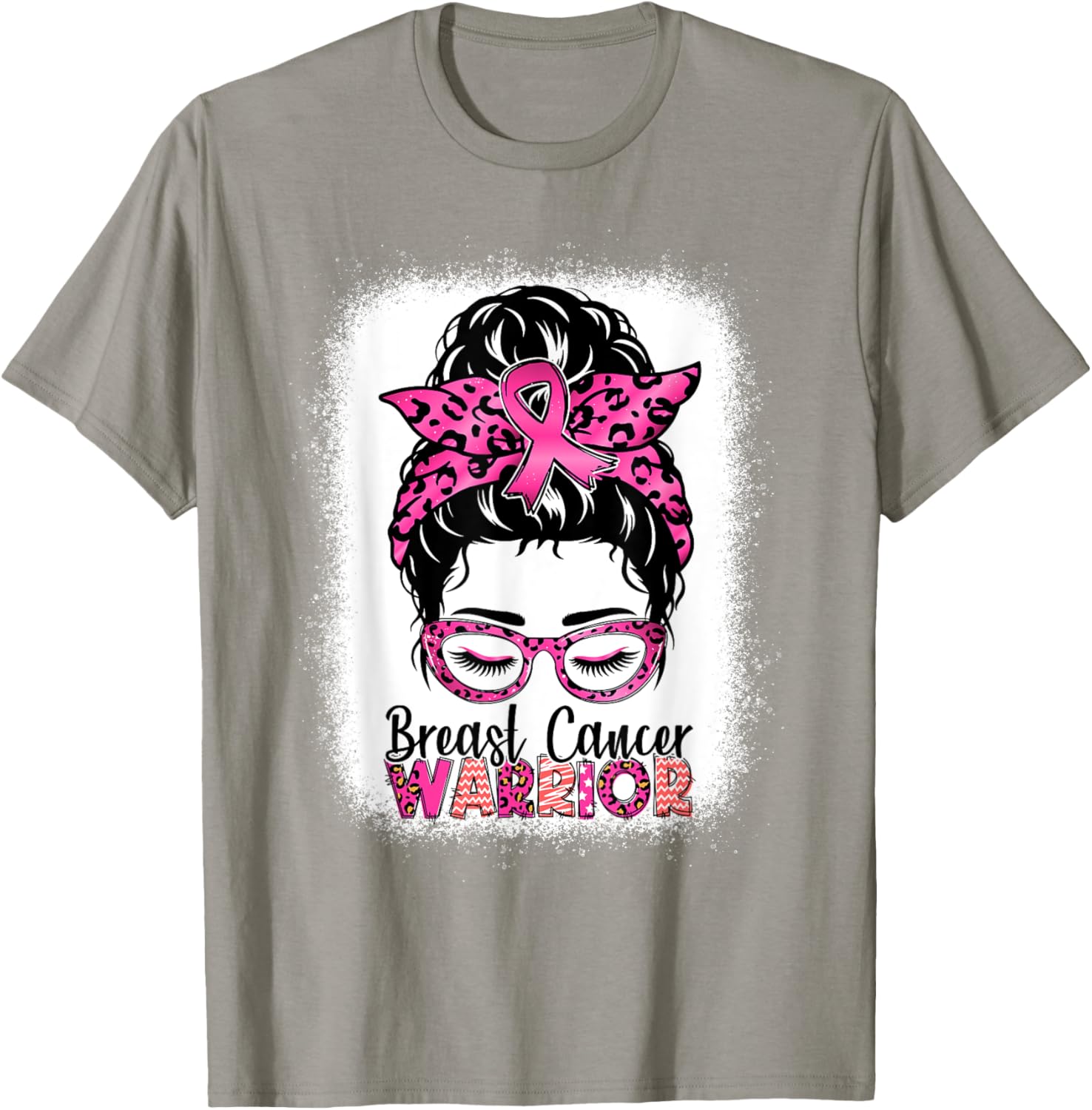 Messy Bun Wear Pink Warrior Breast Cancer Awareness Bleached T-Shirt - T-Shirt | Sand