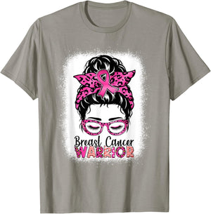 Messy Bun Wear Pink Warrior Breast Cancer Awareness Bleached T-Shirt - T-Shirt | Sand