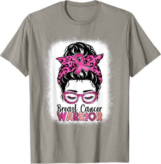 Messy Bun Wear Pink Warrior Breast Cancer Awareness Bleached T-Shirt - T-Shirt | Sand