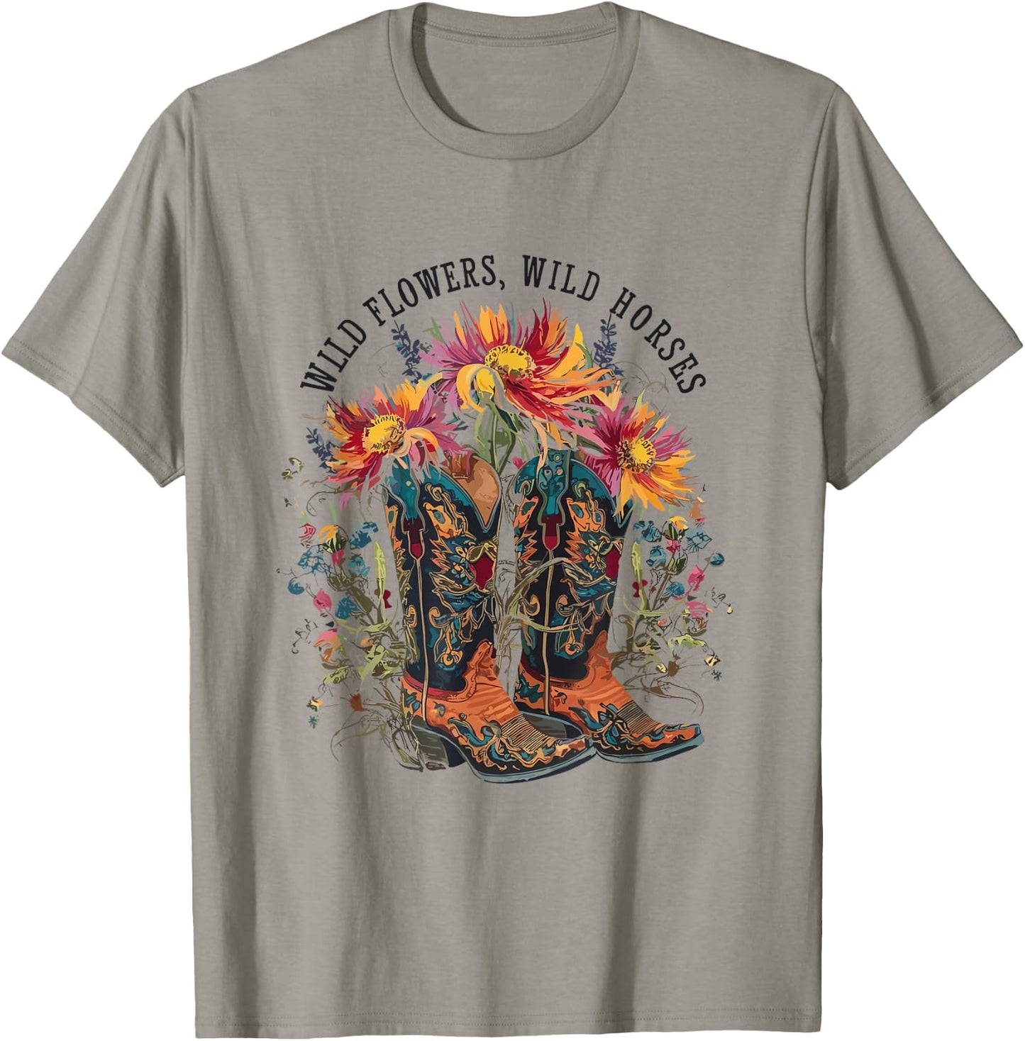 Wild Flowers - Wild Horses Cowgirl Boot Western Flower T-Shirt - T-Shirt | Sand