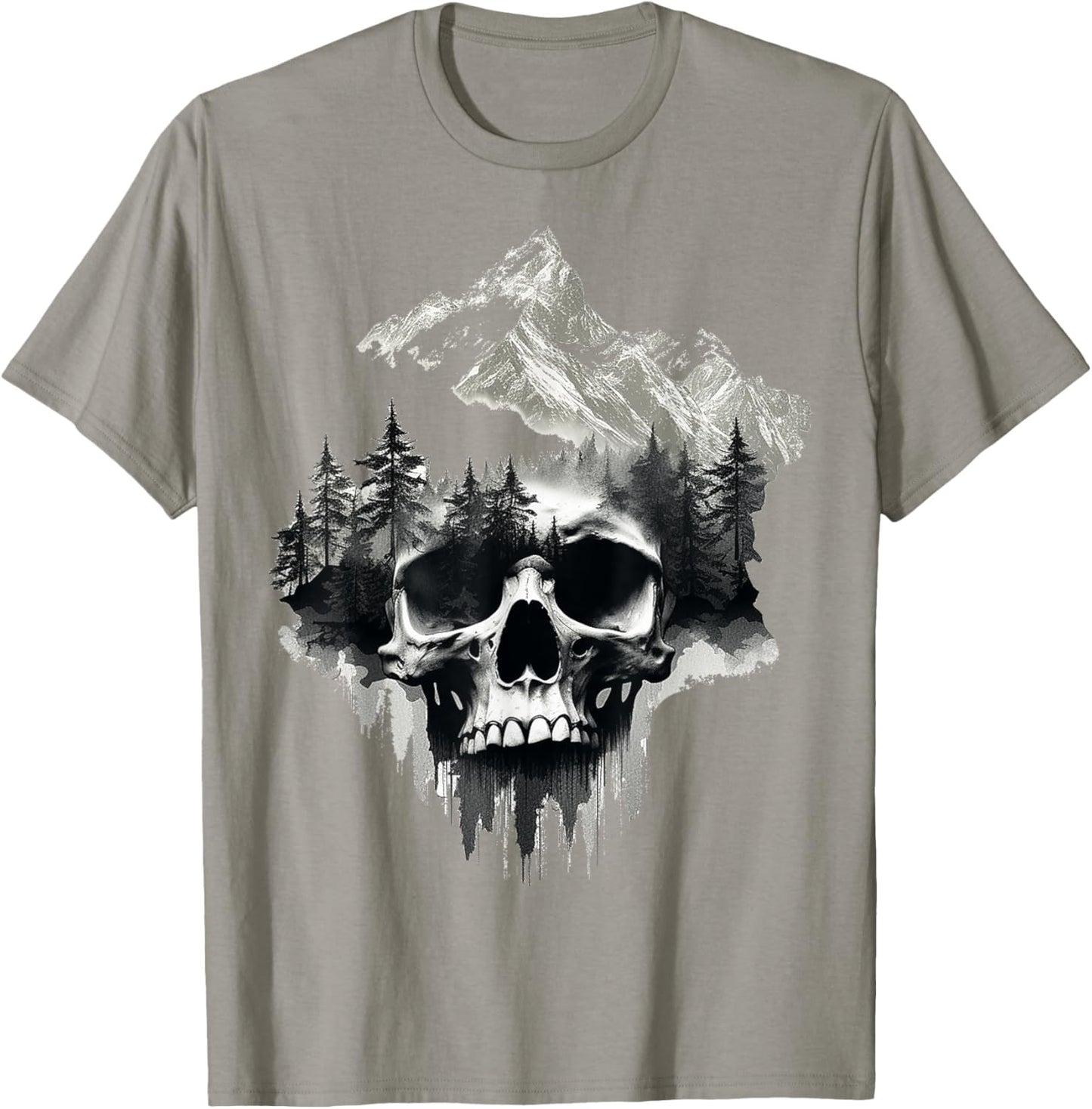 Skull Drawing Nature Artwork Mountains Tree Art Skull T-Shirt - T-Shirt | Sand
