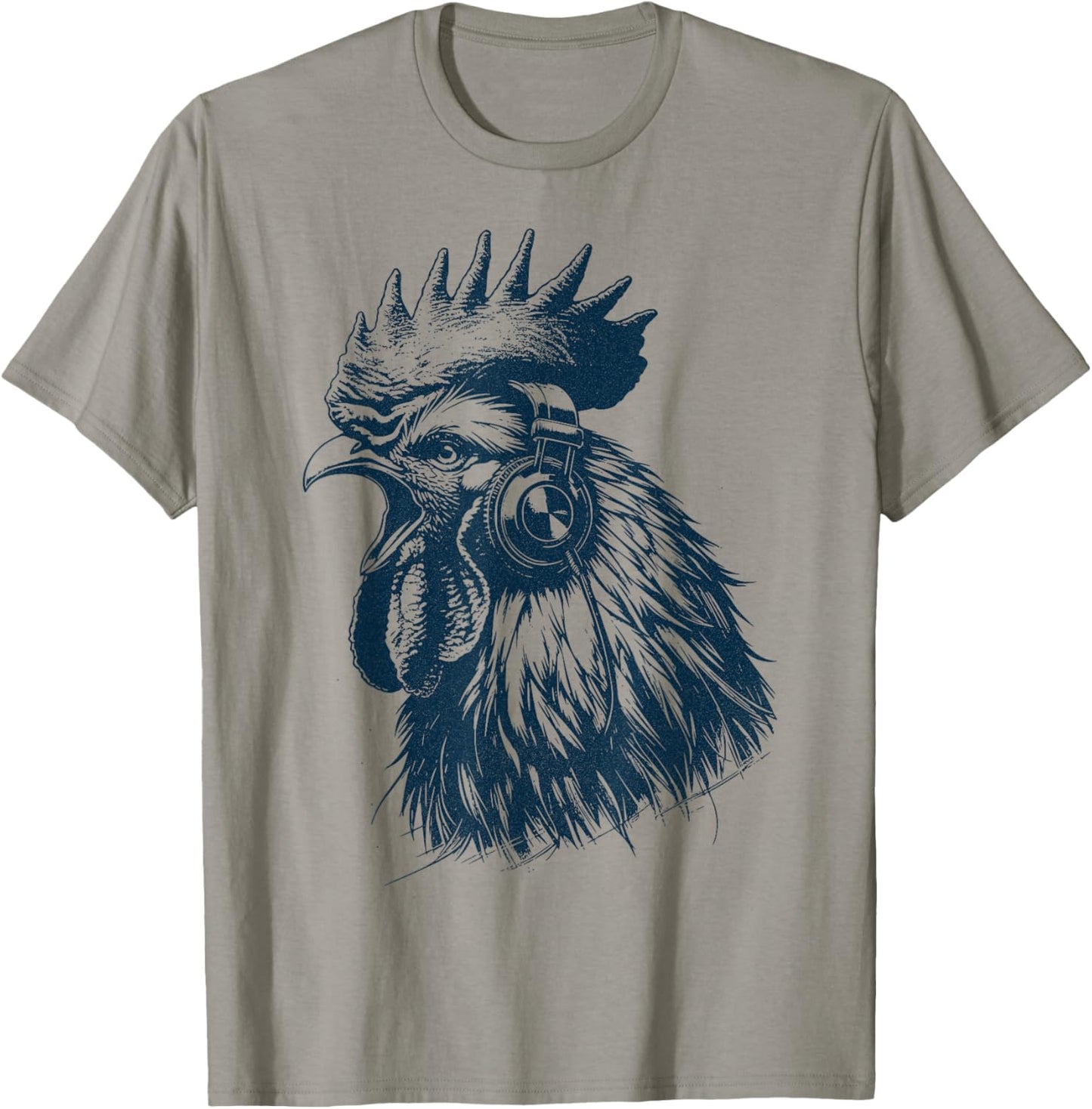 Crowing Rooster Chicken With Headphones - Music Punk Animal T-Shirt - T-Shirt | Sand