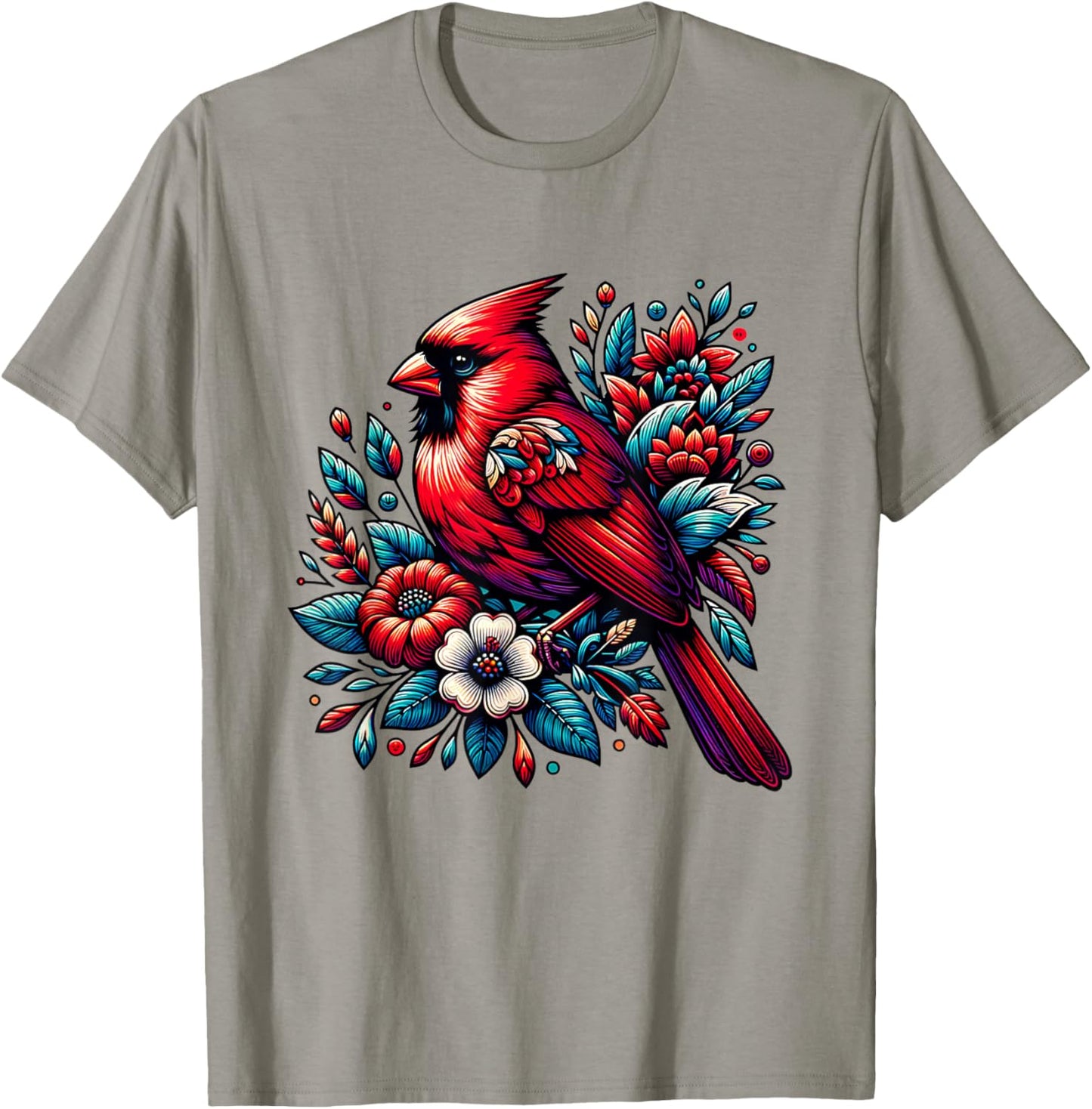 Cute Red Cardinal Bird Vintage Flowers Northern Cardinal T-Shirt - T-Shirt | Sand