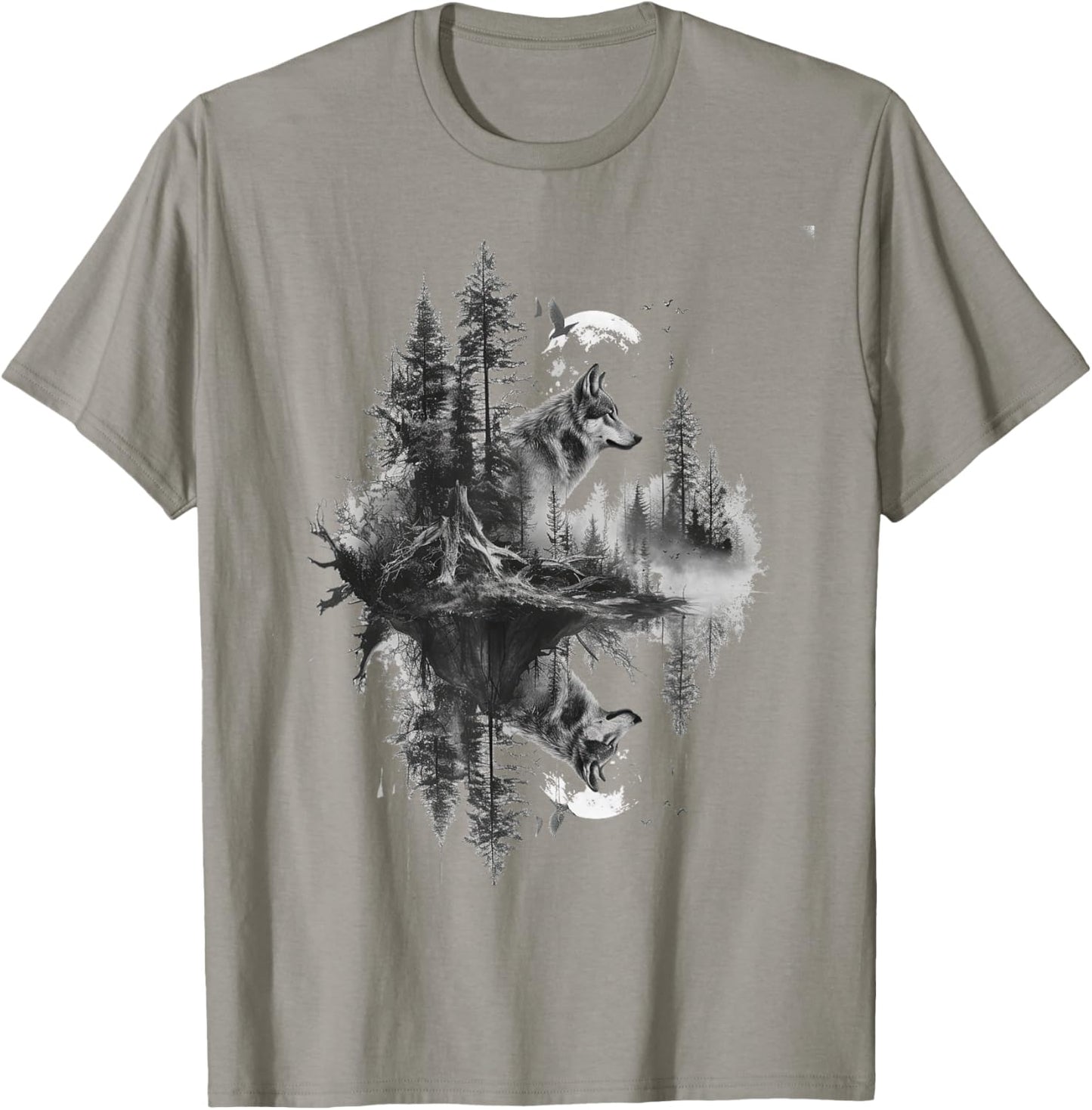 Wolf in front of moon and trees wolves wild animal T-Shirt - T-Shirt | Sand