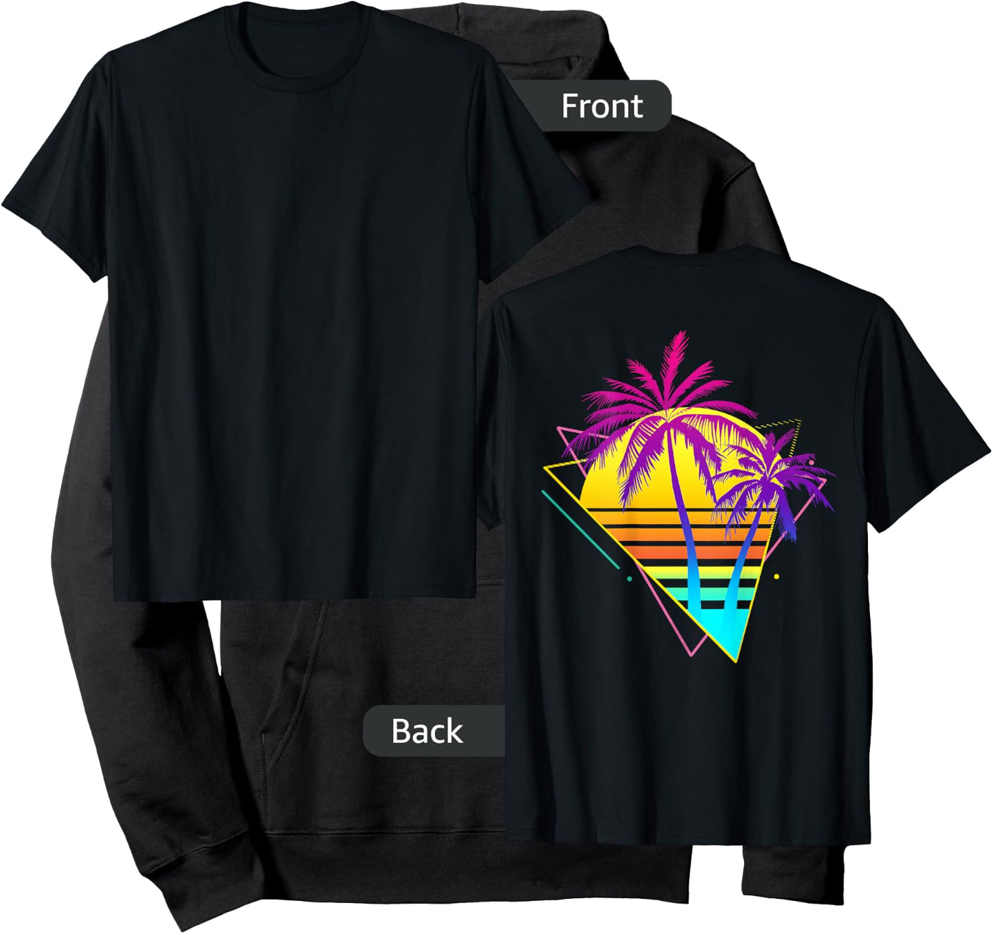 On Back - Retro 80s 90s Vaporwave Tropical Sunset Palm Trees Hoodie - Hoodie | Black