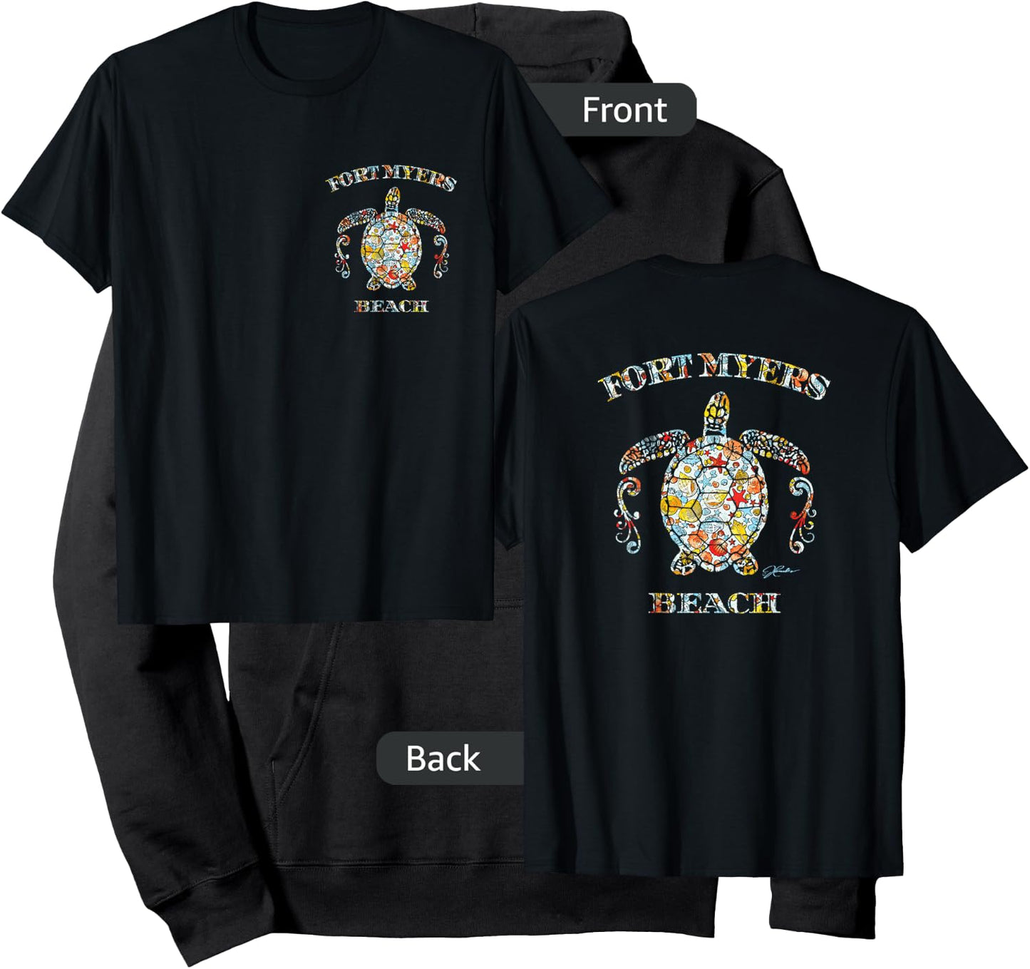 JCombs: Fort Myers Beach, Sea Turtle w/ Seashells (2-Sided) Women Girls Kids Hoodie - Hoodie | Black