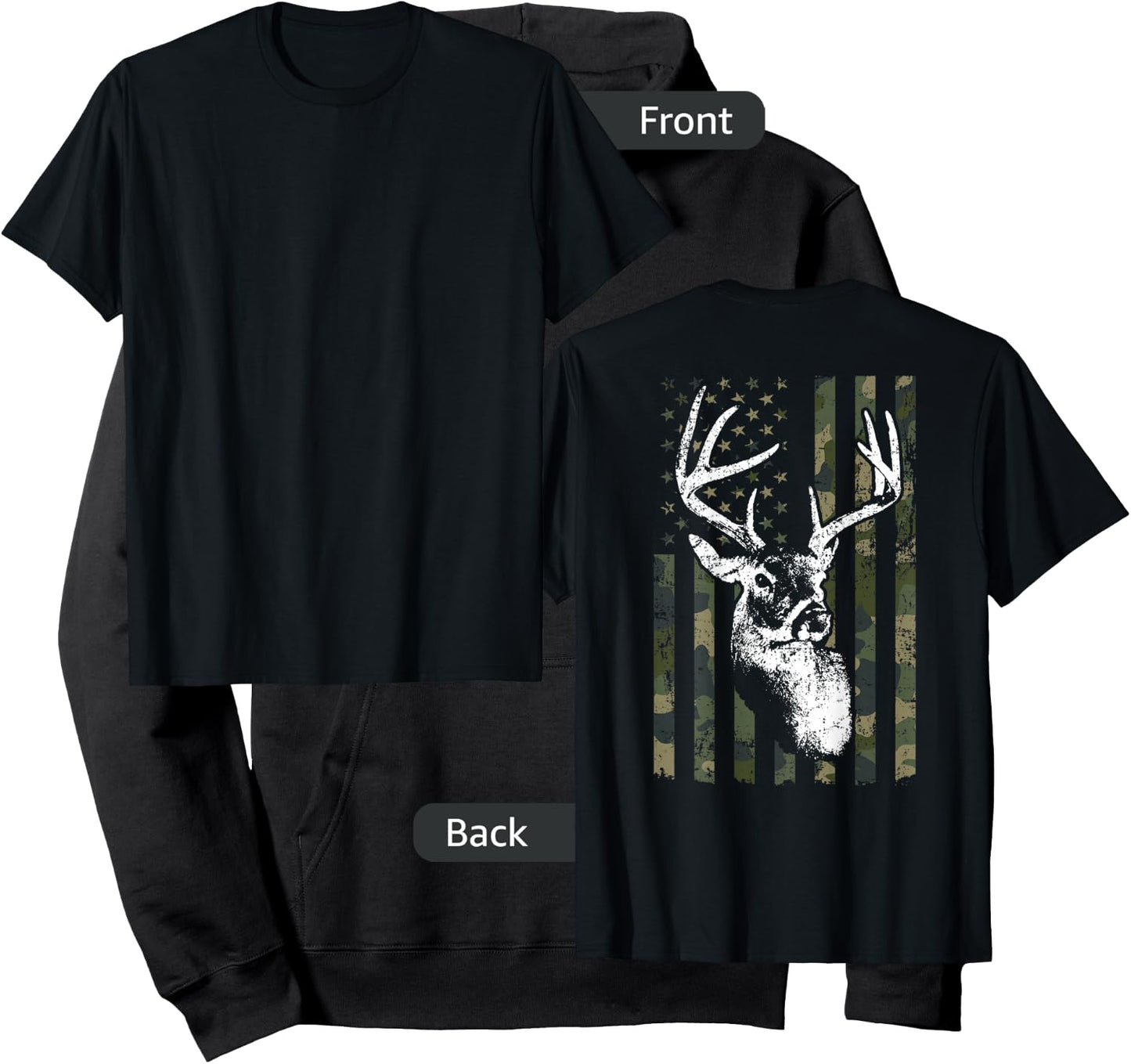 Whitetail Buck Deer Hunting USA Camouflage Flag - ON BACK Hoodie - Hoodie | Black