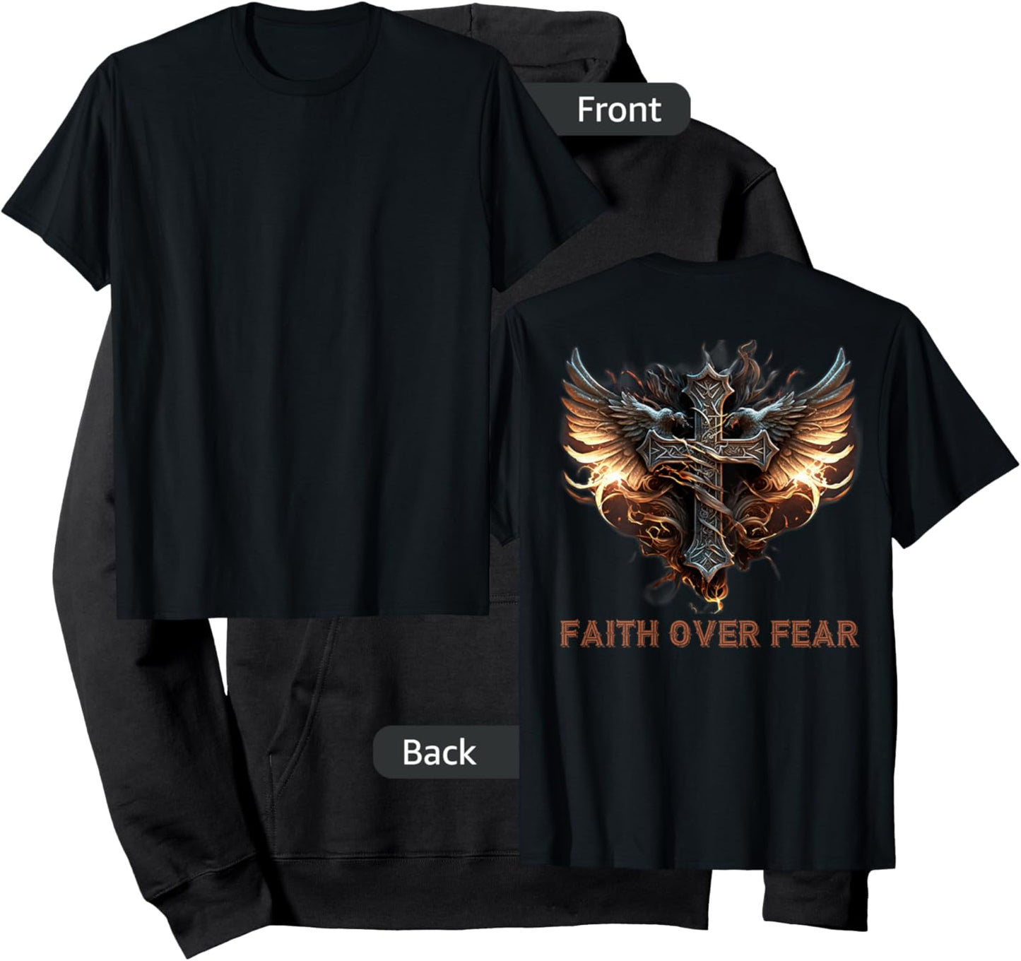 Angel Wings Christian Cross Faith Over Fear - On Back Hoodie - Hoodie | Black